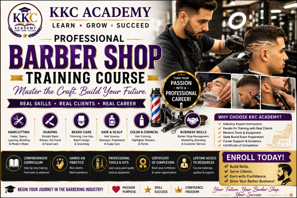 Professional barber cutting men's hair Barber performing a skin fade haircut Barber shop training classroom Student learning barber techniques Barber using professional clippers Straight razor shaving demonstration Men's grooming training Professional barber tools Barber shop interior KKC Academy Barber Training Course